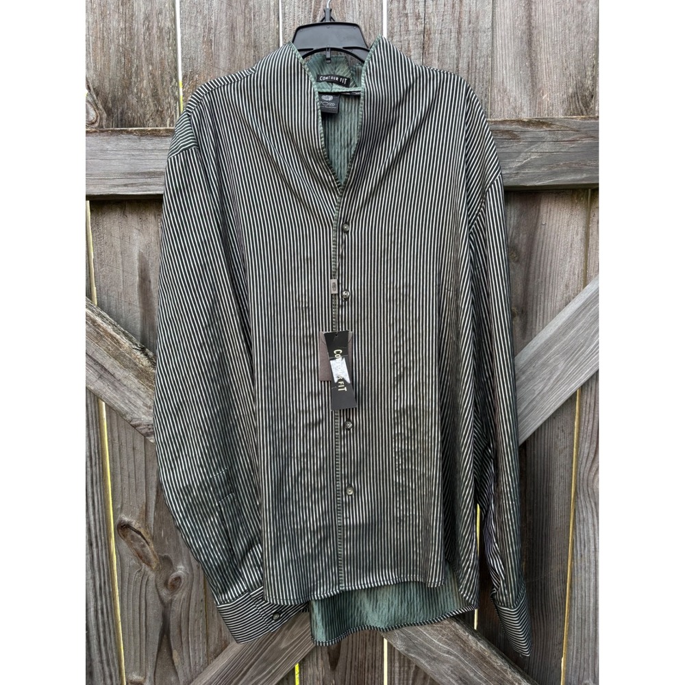 Xposed Clothing Philosophy Mens Contour Fit Pleated Pinstripe Shirt Green XL NWT